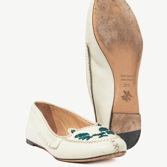 Charlotte Olympia Kitty White Leather Beaded Fringe Flats - Picture 5 of 10